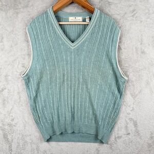 John Ashford Sweater Vest Mens L Teal Golf Cable Knit V-Neck Preppy 90s VTG
